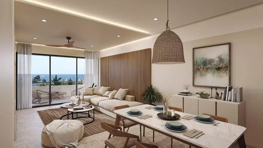 Large dining-living room and terrace with ocean view at Nalu Puerto Morelos
