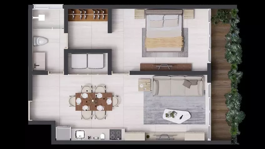 One bedroom condo floor plan with terrace at Distrito Playa