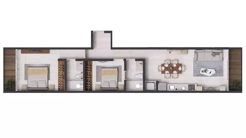 Two bedroom floor plan with terraces at Distrito Playa
