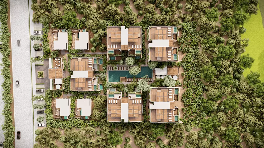 Aerial view of a residential area in the middle of a jungle at Baikal Tulum Country Club