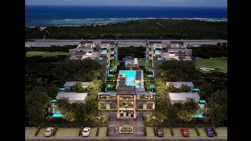 Aerial view of a residential area close by to the ocean at Baikal Tulum Country Club