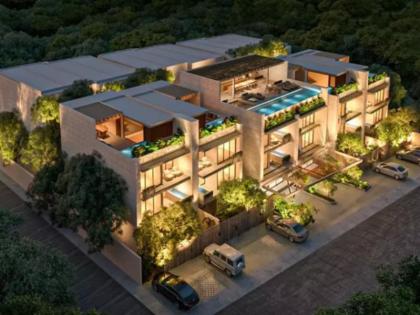 Residential building in the garden, rooftop pools, parking area at Nuup Tulum Region 8