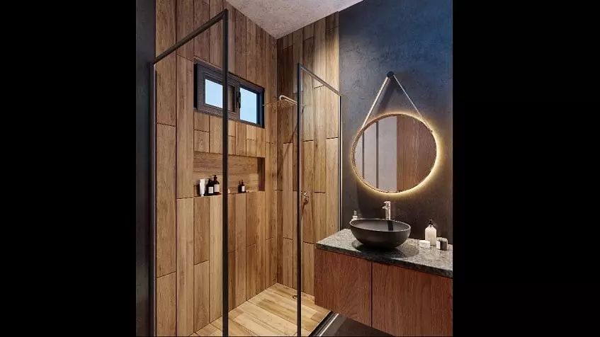 Bathroom with wooden like decoration at Kateen Tulum