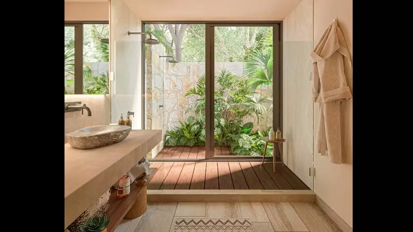Bathroom with a shower by the large window, garden view at Nuup Tulum Region 8