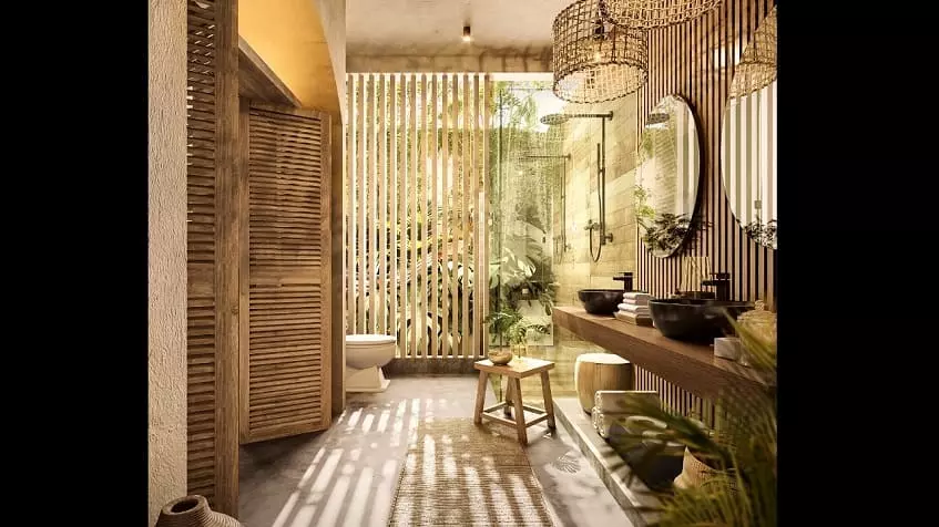 Large bathroom with double sink, large window with a garden view at Satori Tulum