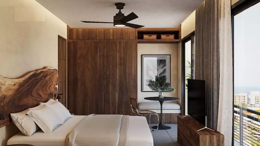 Bedroom with wooden headboard and closet at Strela Puerto Morelos