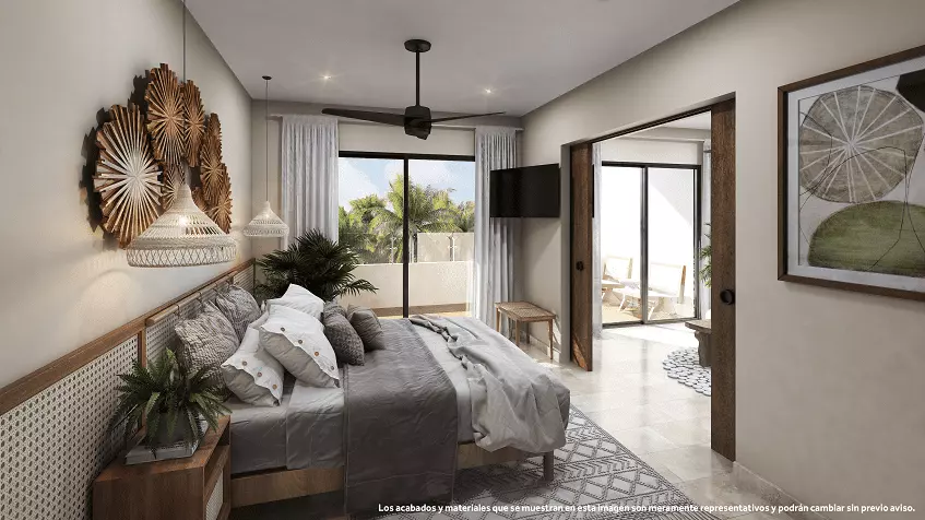 Bedroom with double door, terrace at Studio 34 Playa del Carmen