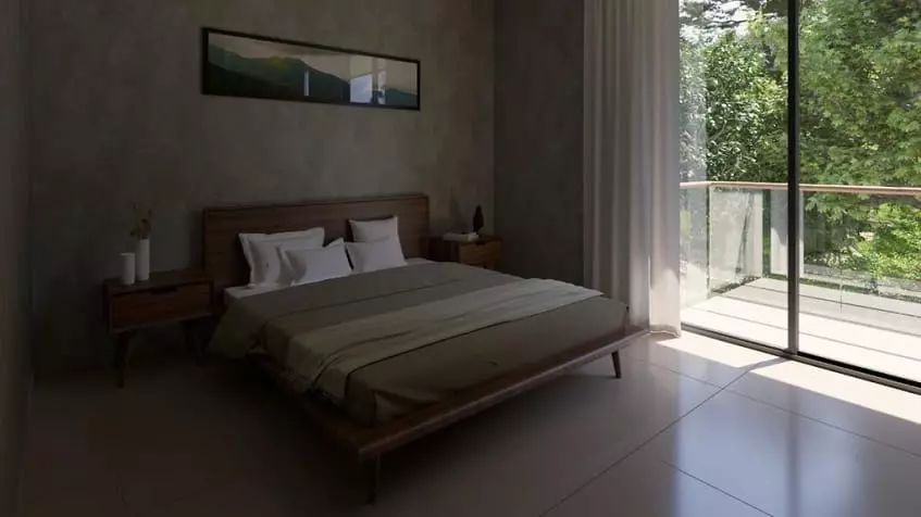 Bedroom with a bed and two night tables, terrace at Xama Tulum
