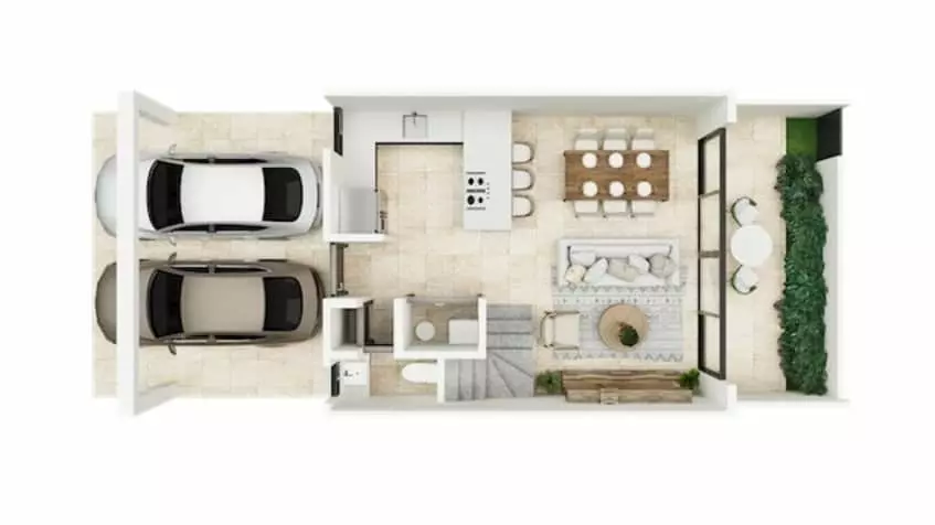 Ground floor house floor plan with a terrace and two parking spots at Selvanova Playa del Carmen