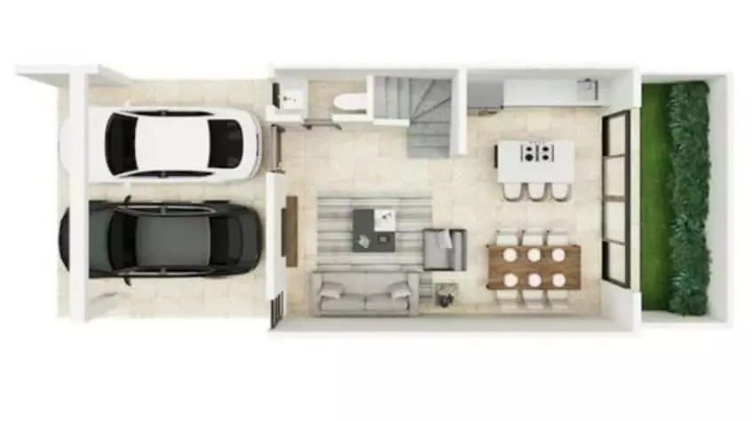 Ground floor house floor plan with a terrace and two parking spots at Selvanova Playa del Carmen