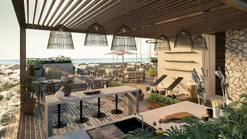 Rooftop bar and gym, dining area at Ocean Life Playa del Carmen