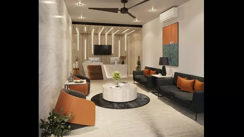 Lobby with black sofas and reception desk at Ocean Life Playa del Carmen