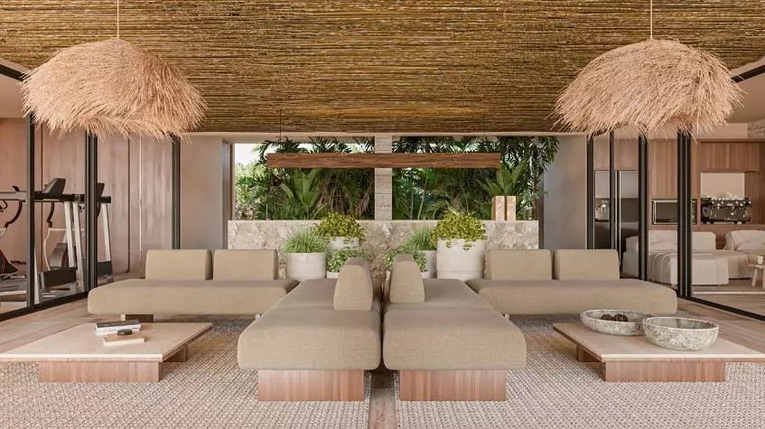 Lounge area located between Gym and other room, glass sliding doors at Nuup Tulum Region 8