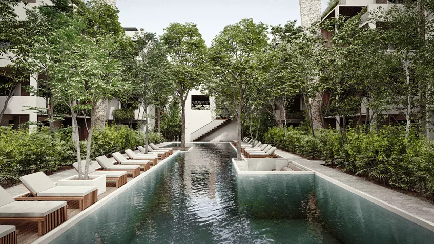 Ground floor pool garden and residential buildings at Baikal Tulum Country Club