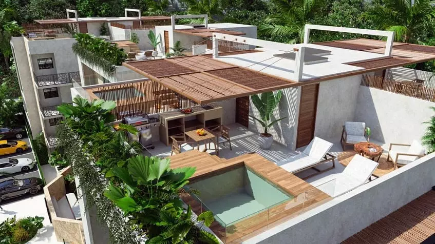 Rooftops with plunge pools terraces and sunbeds, small tables and chairs at Zama Tulum