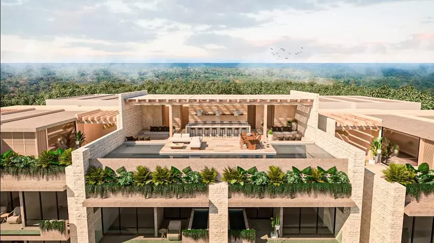 Residential building with a rooftop pool, bar and green plants, pool terraces, jungle at Nuup Tulum Region 8
