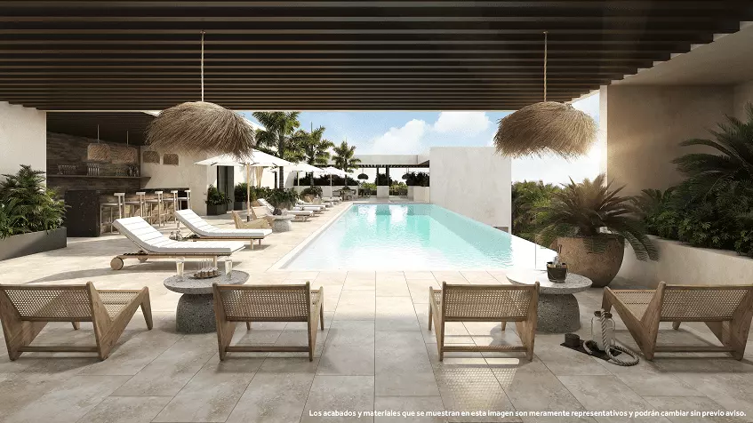 Rooftop pool with sunbeds and bar under pergola at Studio 34 Playa del Carmen
