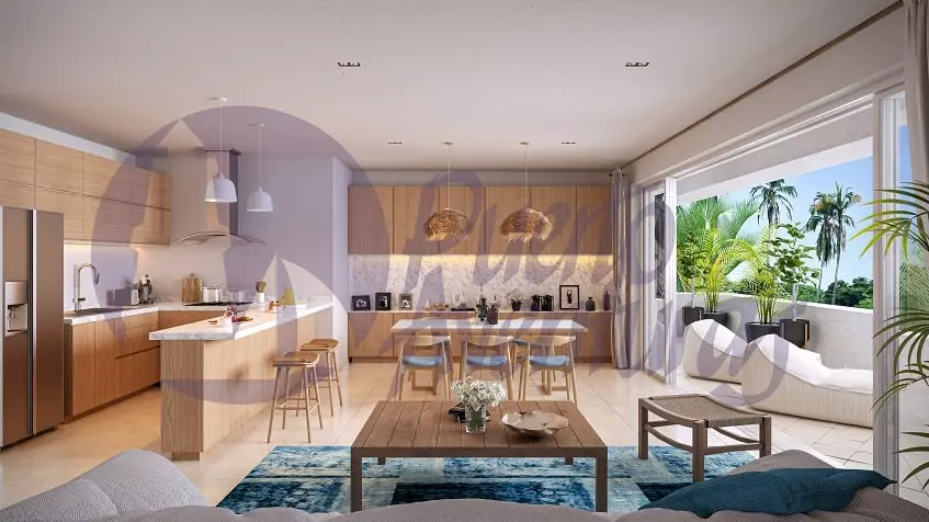Large living - dining room, kitchen, terrace at Bloom Puerto Aventura