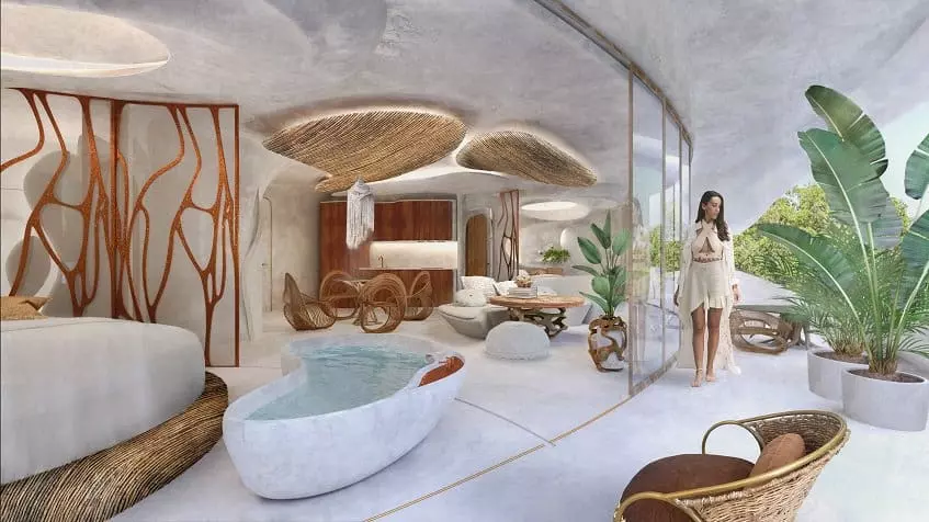 Terrace and woman walking, window open to a bedroom - living area at Azulik Residences Tulum