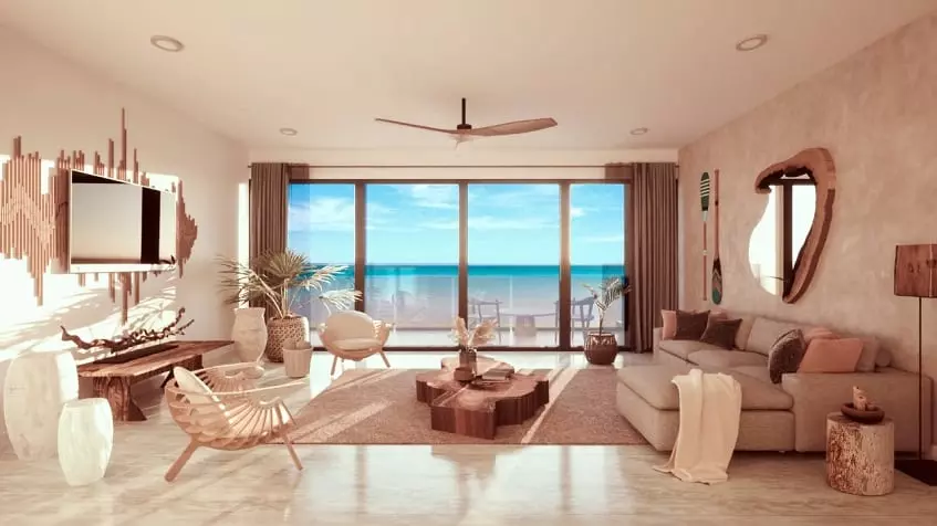 Large living room with sofa in front of TV screen, ocean view window at Tulum Bay Tankah