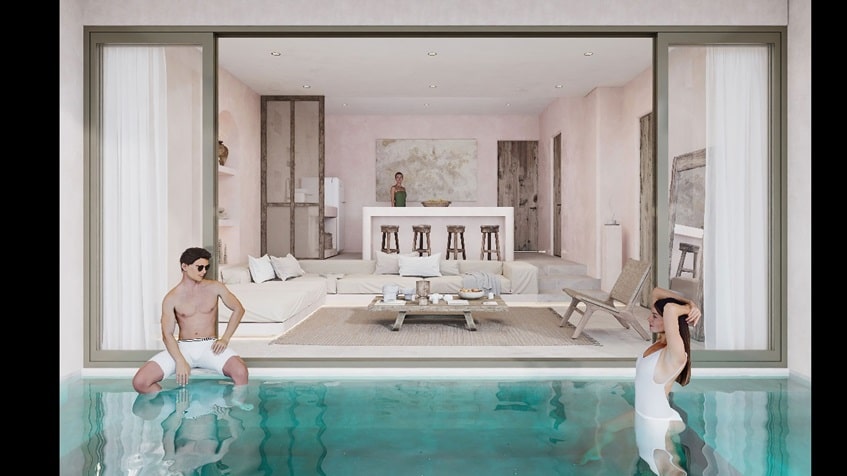 A couple in the pool and a living room in the background at Wabi Tulum