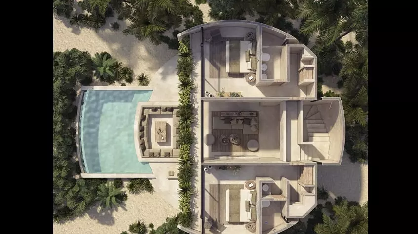 Floor plan of a round house with a terrace and pool at Duna Tulum