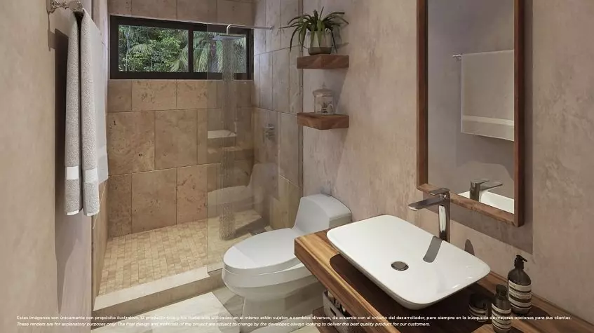 A bathroom with a toilet, a shower, a large mirror at Xkaa Urban Condos