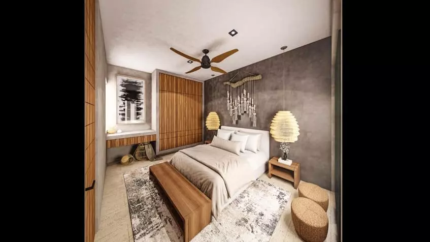 A bedroom with a single bed and a wooden closet at Mya Essence Tulum