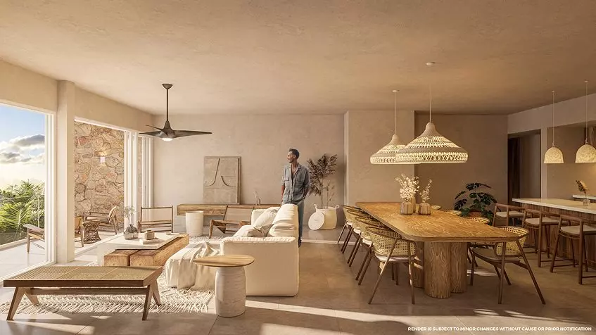Large living - dining room, a man looking at a terrace at Santamar Prime Akumal