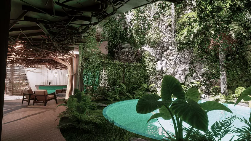 A hallway with a cenote and plants in Tson Tulum