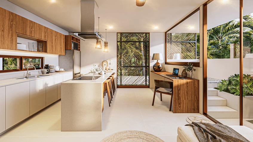 A kitchen with a terrace and a work table in hygge Tulum