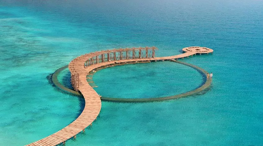 Aerial view of a pier in Mayab Bacalar village