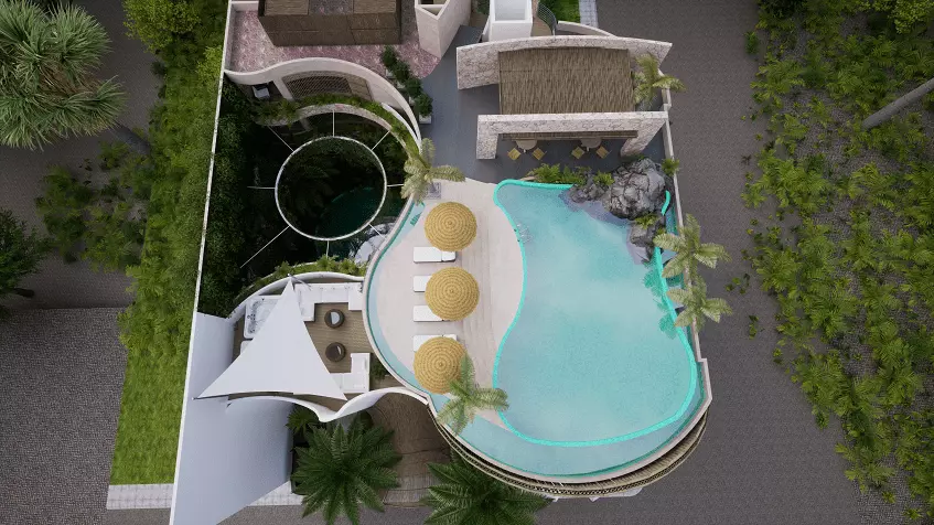 Aerial view of a pool and terrace in Tson Tulum