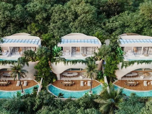Aerial view of the facade of 3 buildings with pool and jungle in Las Conchas Tulum