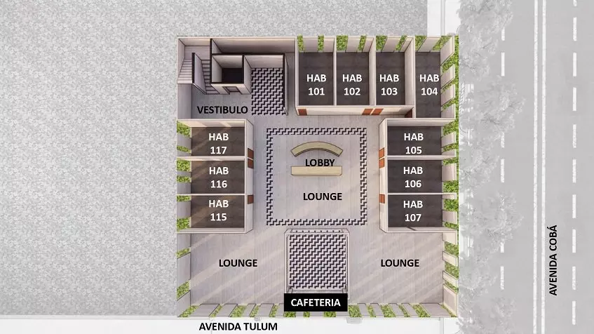 Floor plan of a building with a lobby, lounges and cafeteria at Kiwik Tulum