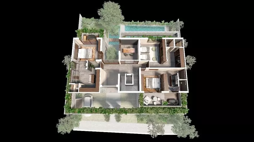 Aerial view of architectural plan of a house in Muuyal Tulum
