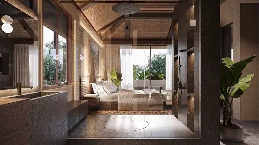 A large shower with a view to the bedroom in Muuyal Tulum