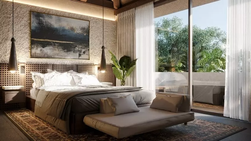 A master bedroom with a decorative painting in Muuyal Tulum