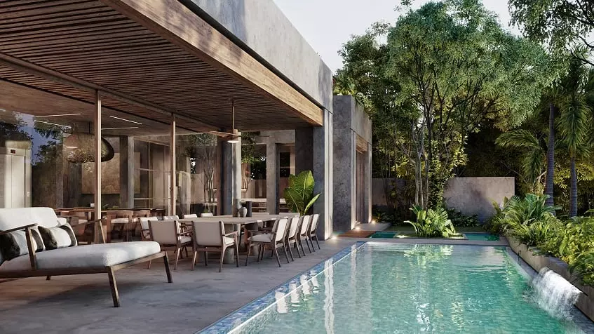 A pool, a jacuzzi and a dining terrace in Muuyal Tulum