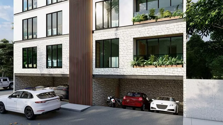 Facade of a residential building and a car entering to underground parking a Car Downtown Condos
