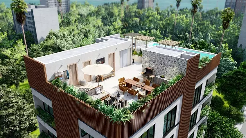 View of rooftop garden with elevator and pool at Xkaa Downtown Condos