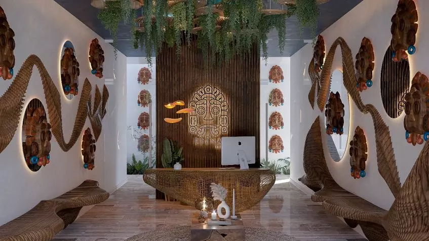 Reception desk and mexican oriental sculptures at Edzna Tulum