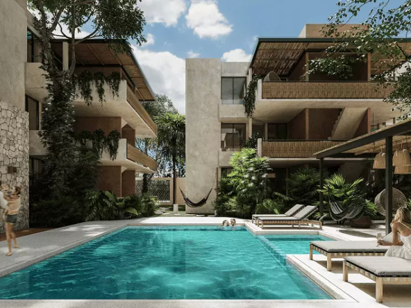 Residential building facade and a couple walking next to pool garden, woman sitting on a sunbed at Villa Balam Tulum