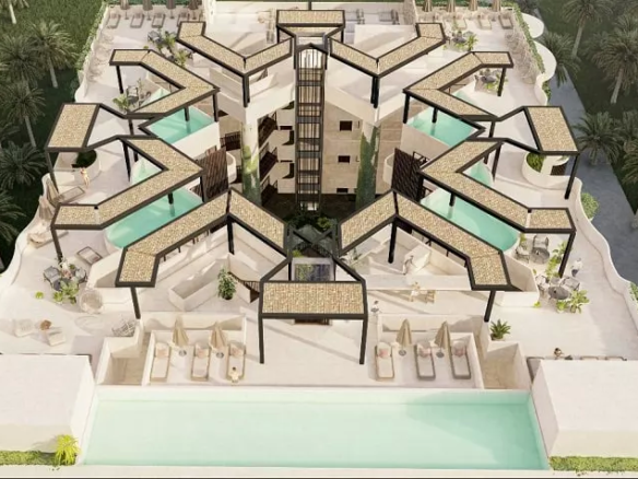 Roof garden with a pergola, pool and solarium at Ixchel Tulum