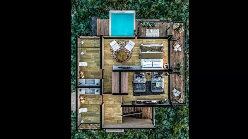 Two Bedroom Floor Plan, Pool and terrace at Trobbu Tulum