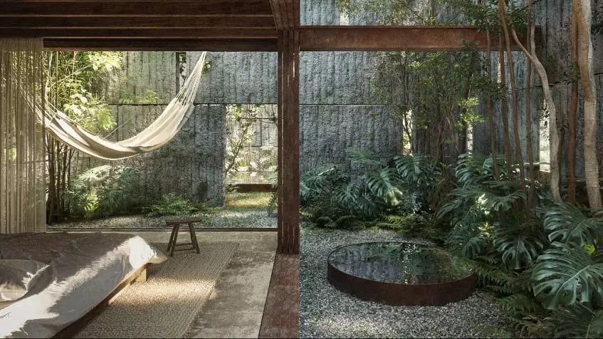 A bedroom, a hammock and a fountain at Consciente Tulum