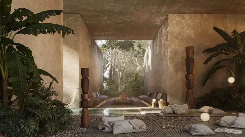 An area for Yoga with pillows and mats at Consciente Tulum