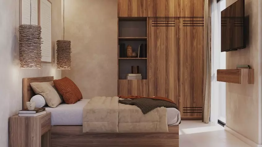 A bedroom with a large wooden closet at Natum Reserve