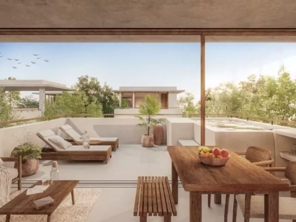 A terrace with pool, a living room with dining room in Huub Tulum