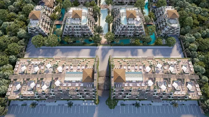 Aerial view of a new development in Piramides Tulum